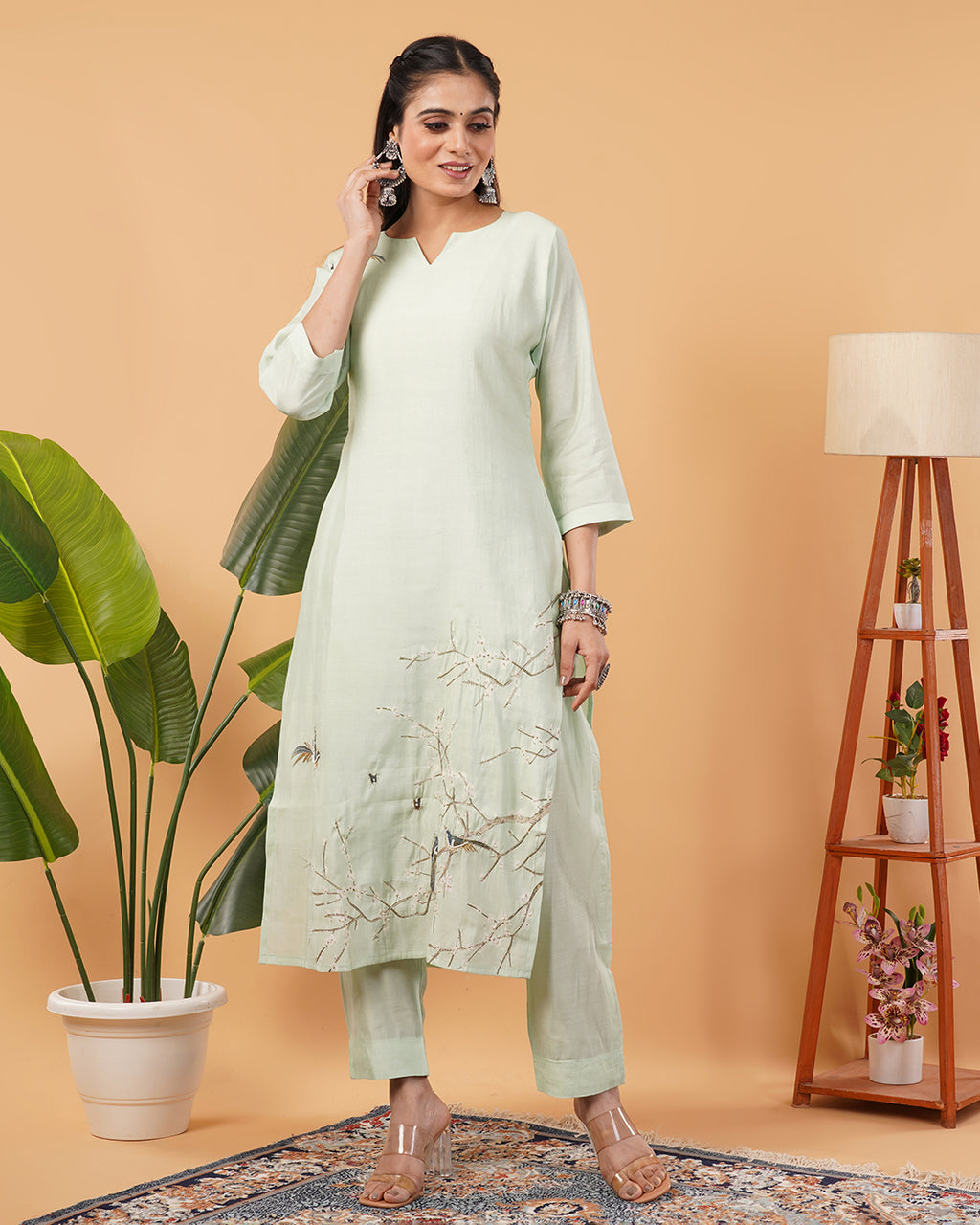 Pastel Green Blend Straight Kurta Dupatta Set with Subtle Embroidery