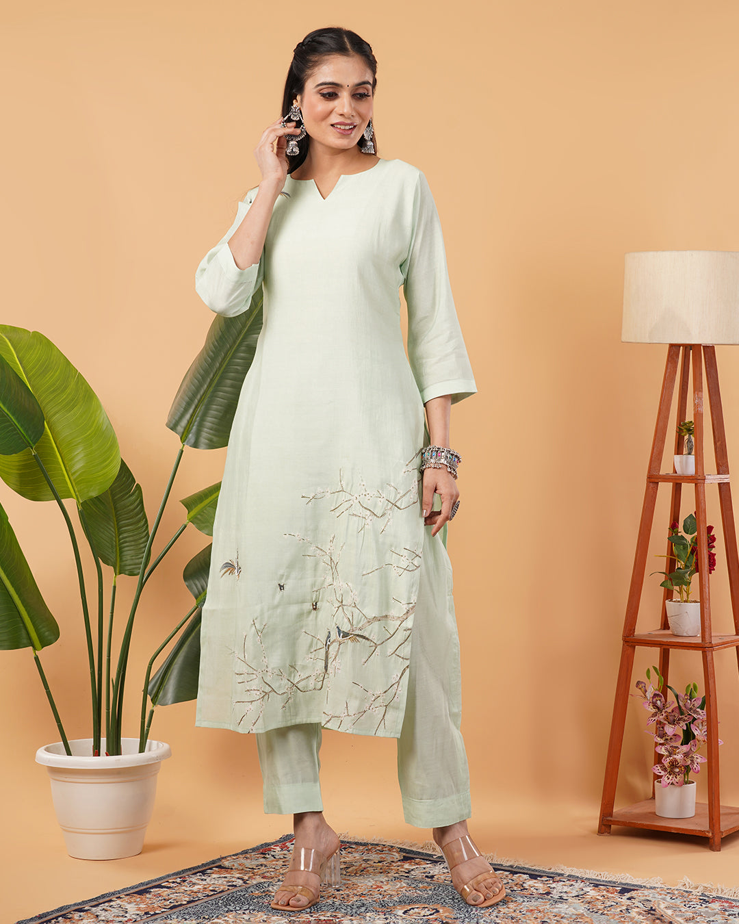 Pastel Green Blend Straight Kurta Dupatta Set with Subtle Embroidery