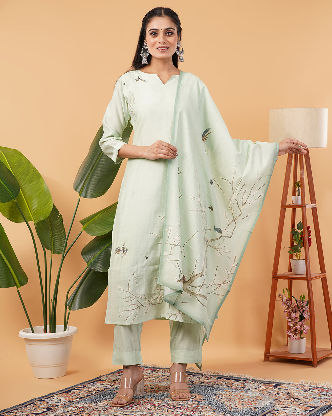 Pastel Green Blend Straight Kurta Dupatta Set with Subtle Embroidery