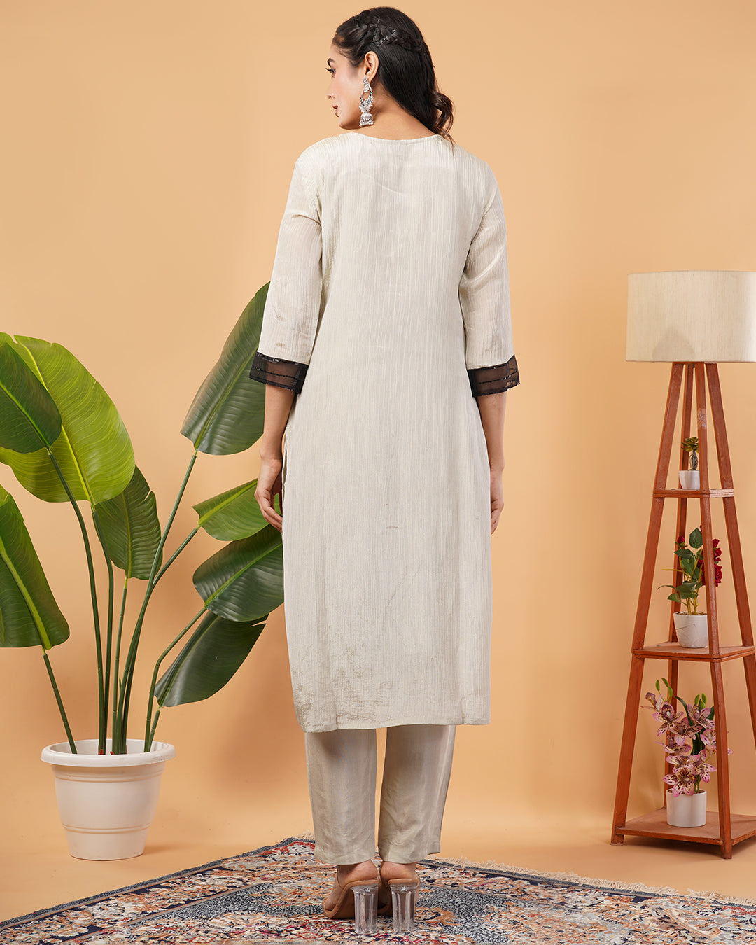 Beige Straight 3 Pcs Kurta Set with Black Appliqué Floral Panel and Bead Detailing