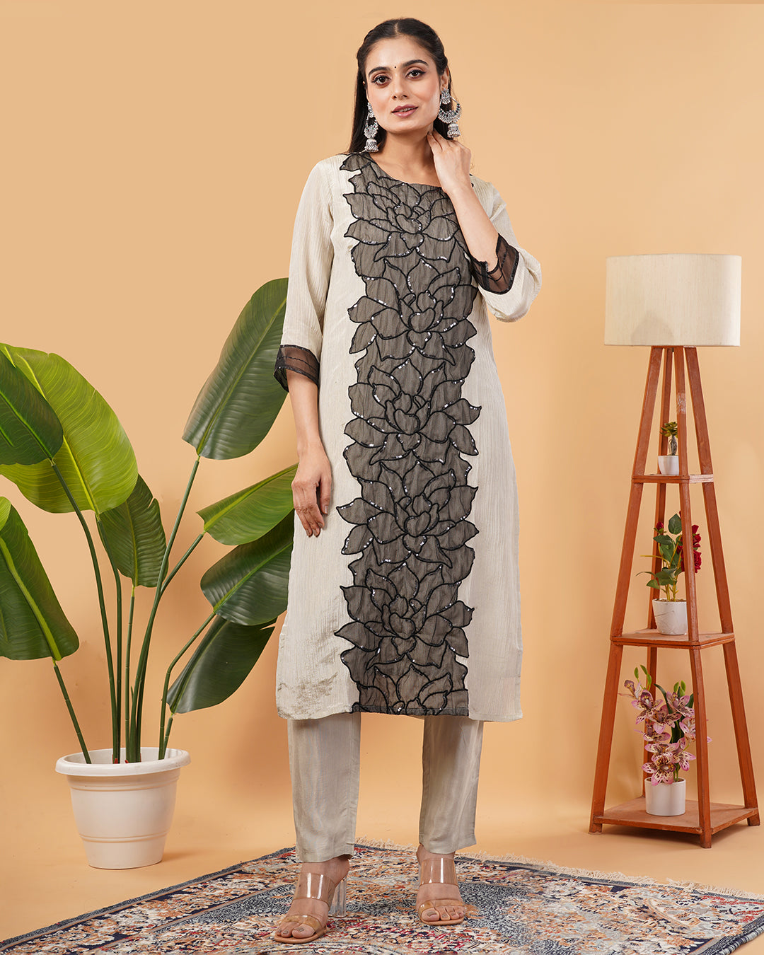 Beige Straight 3 Pcs Kurta Set with Black Appliqué Floral Panel and Bead Detailing