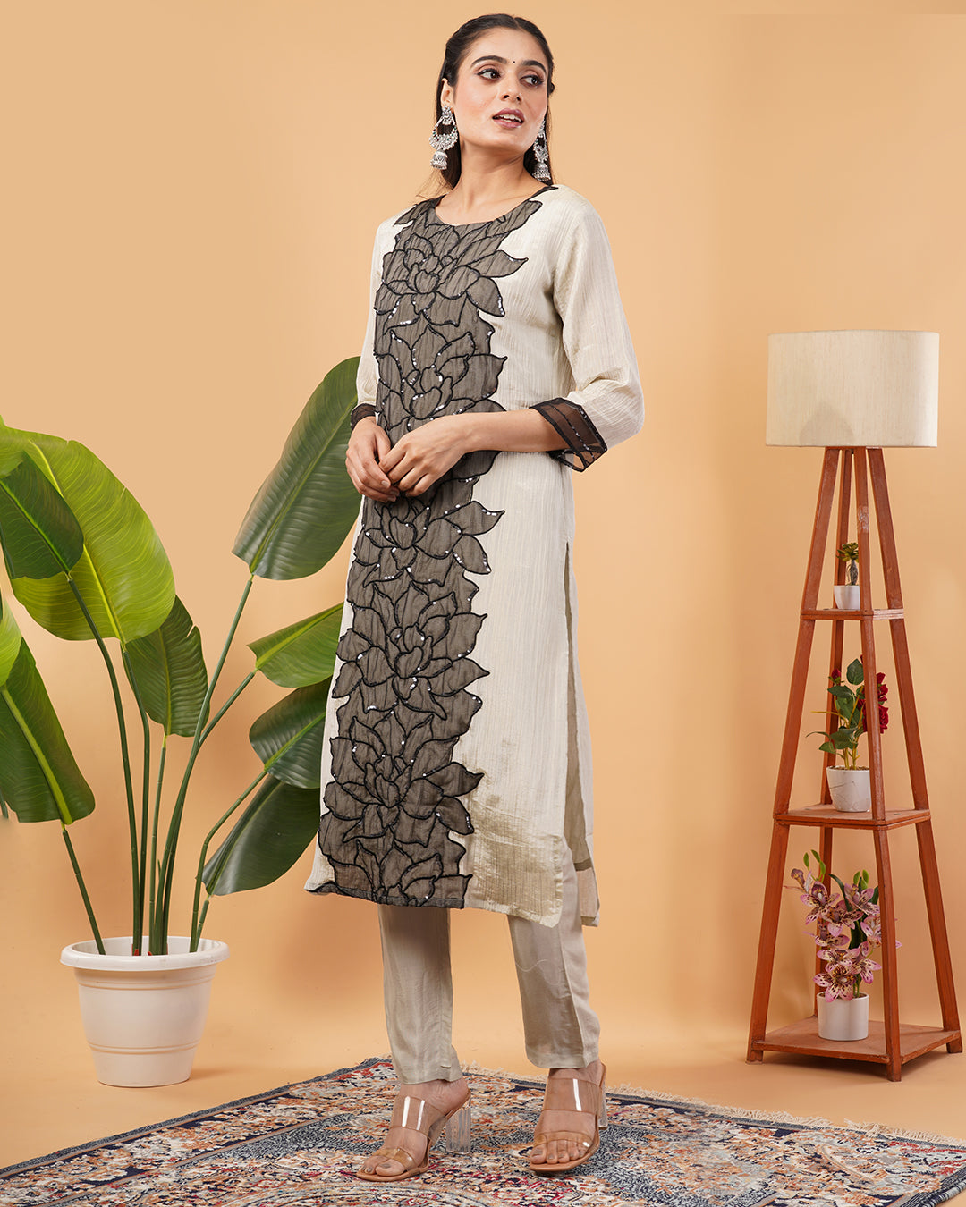 Beige Straight 3 Pcs Kurta Set with Black Appliqué Floral Panel and Bead Detailing