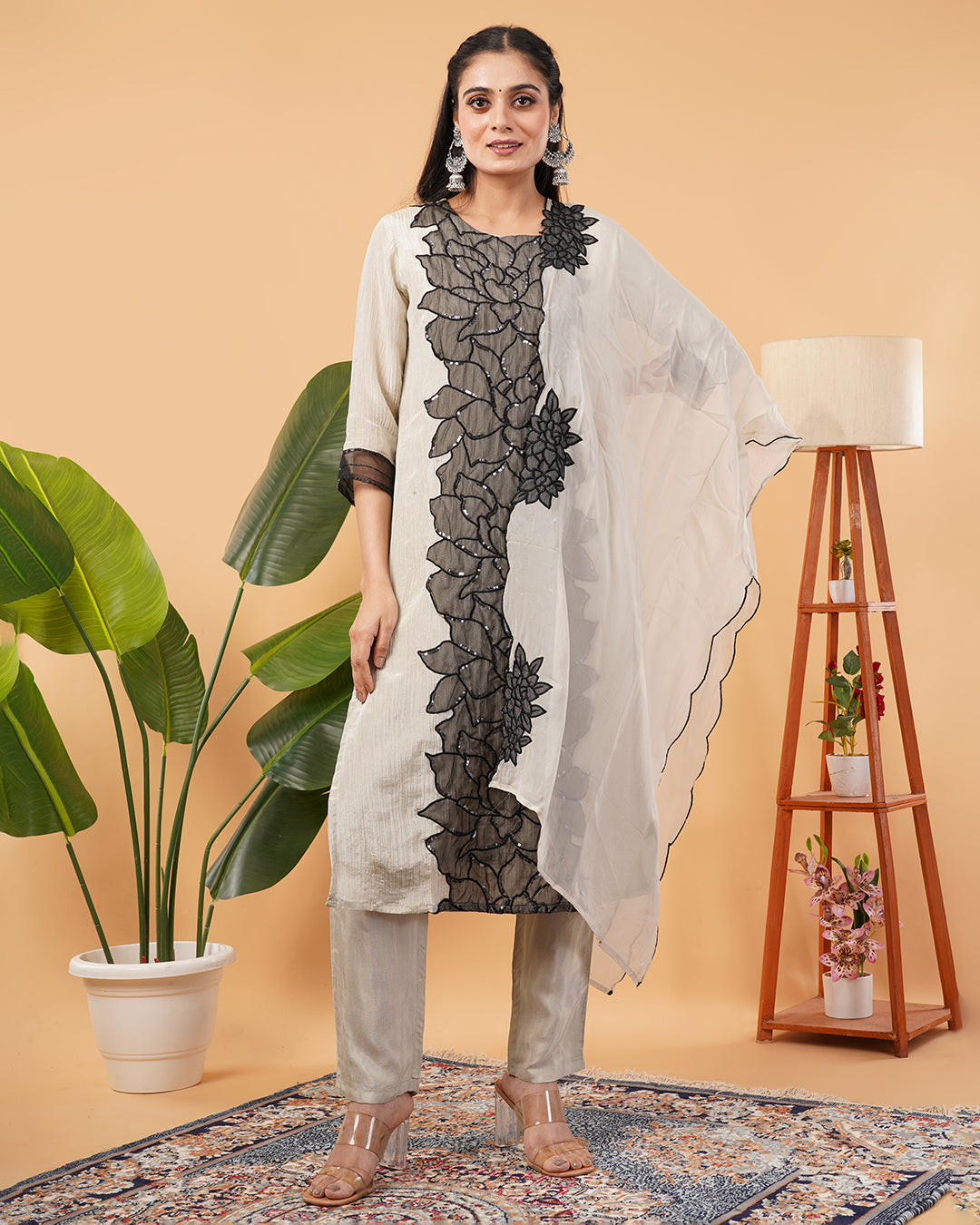 Beige Straight 3 Pcs Kurta Set with Black Appliqué Floral Panel and Bead Detailing