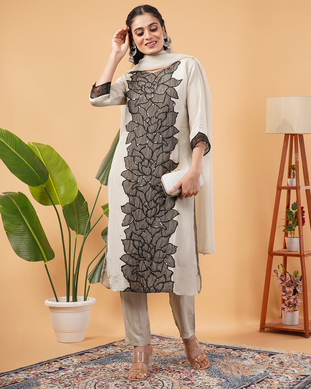 Beige Straight 3 Pcs Kurta Set with Black Appliqué Floral Panel and Bead Detailing