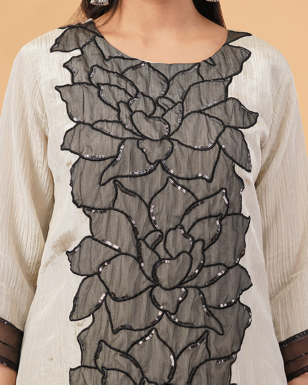 Beige Straight 3 Pcs Kurta Set with Black Appliqué Floral Panel and Bead Detailing