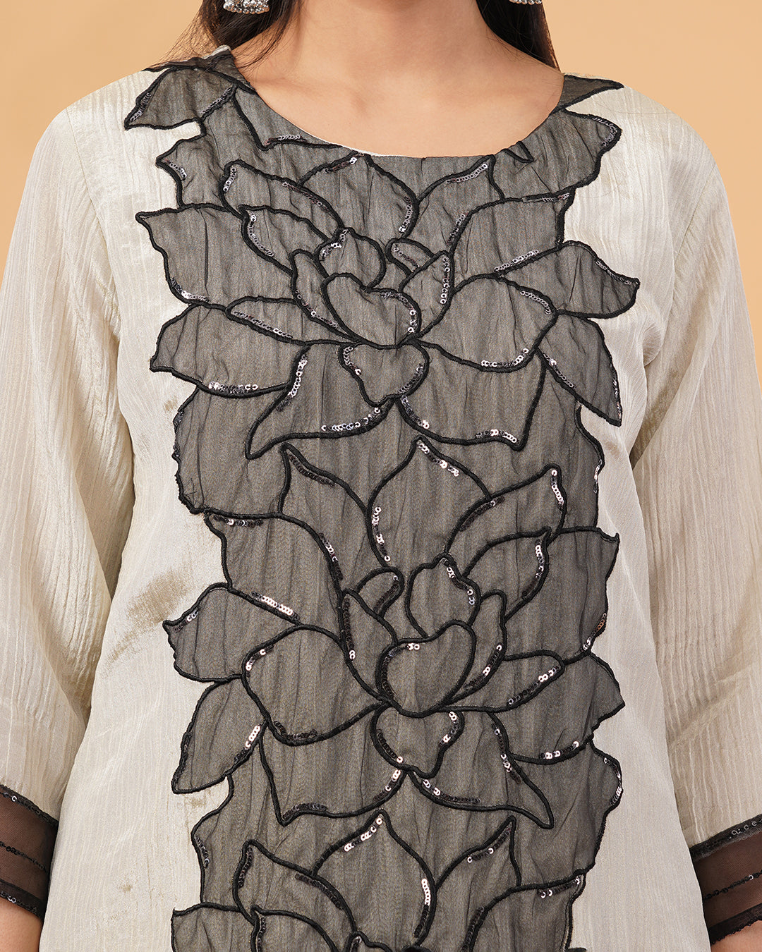 Beige Straight 3 Pcs Kurta Set with Black Appliqué Floral Panel and Bead Detailing