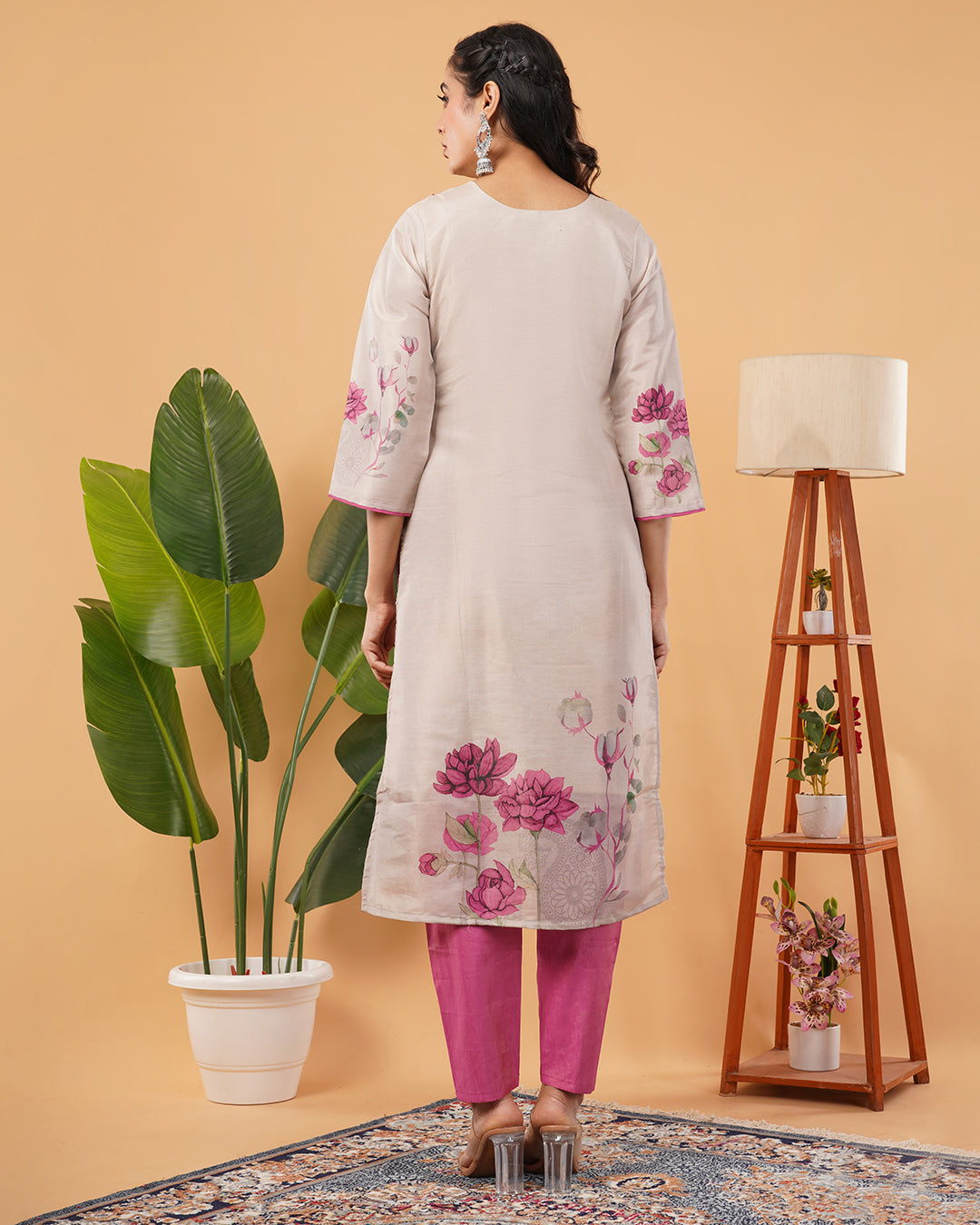 Beige & Magenta Floral Print Soft Organza Dupatta with Artistic Digital Design