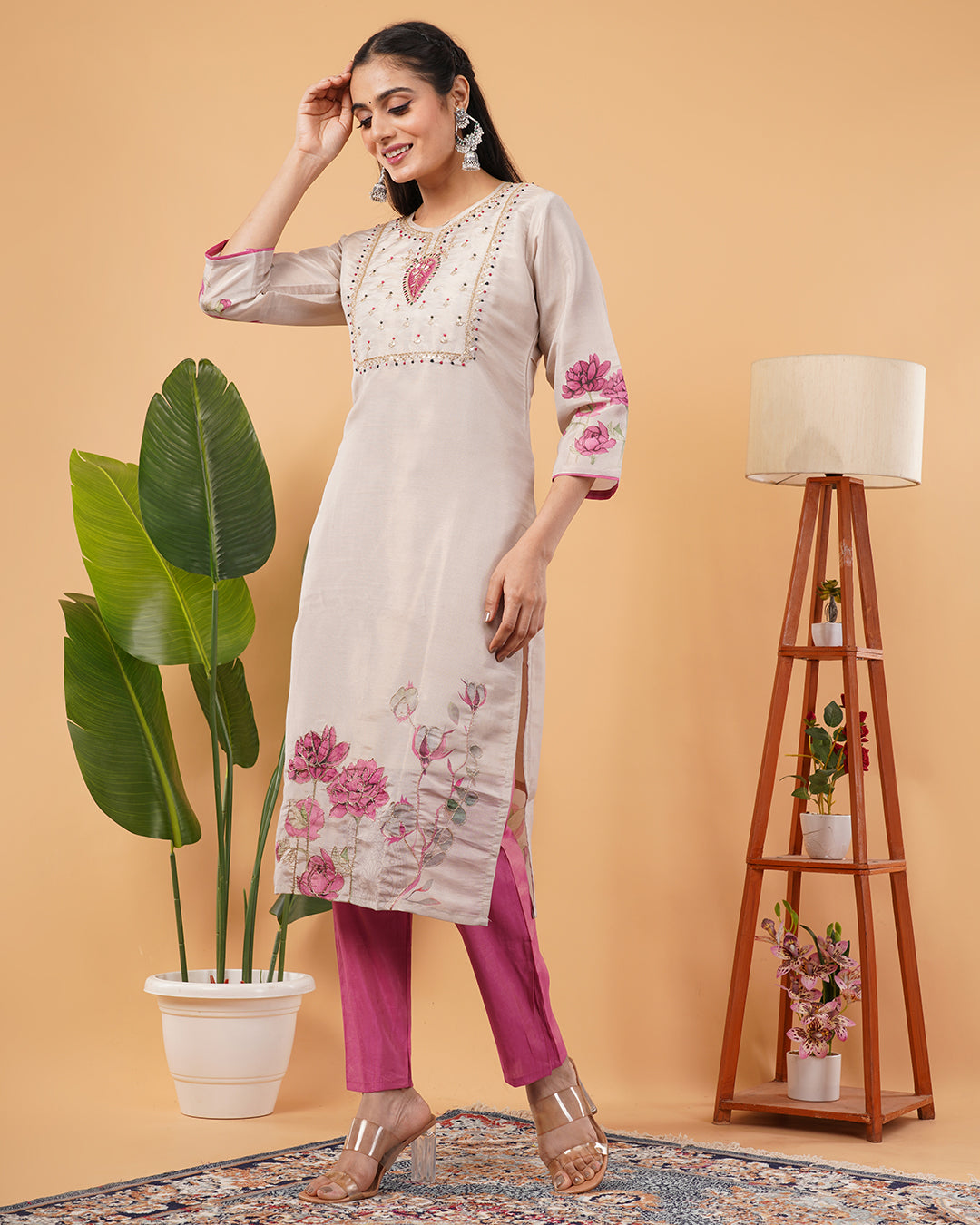 Beige & Magenta Floral Print Soft Organza Dupatta with Artistic Digital Design