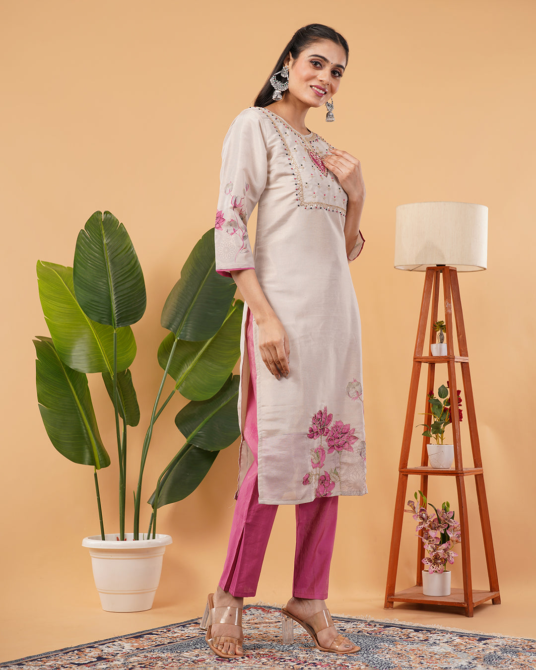 Beige & Magenta Floral Print Soft Organza Dupatta with Artistic Digital Design