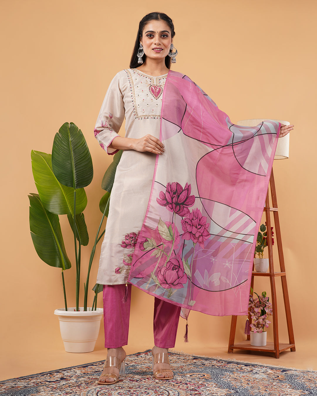 Beige & Magenta Floral Print Soft Organza Dupatta with Artistic Digital Design