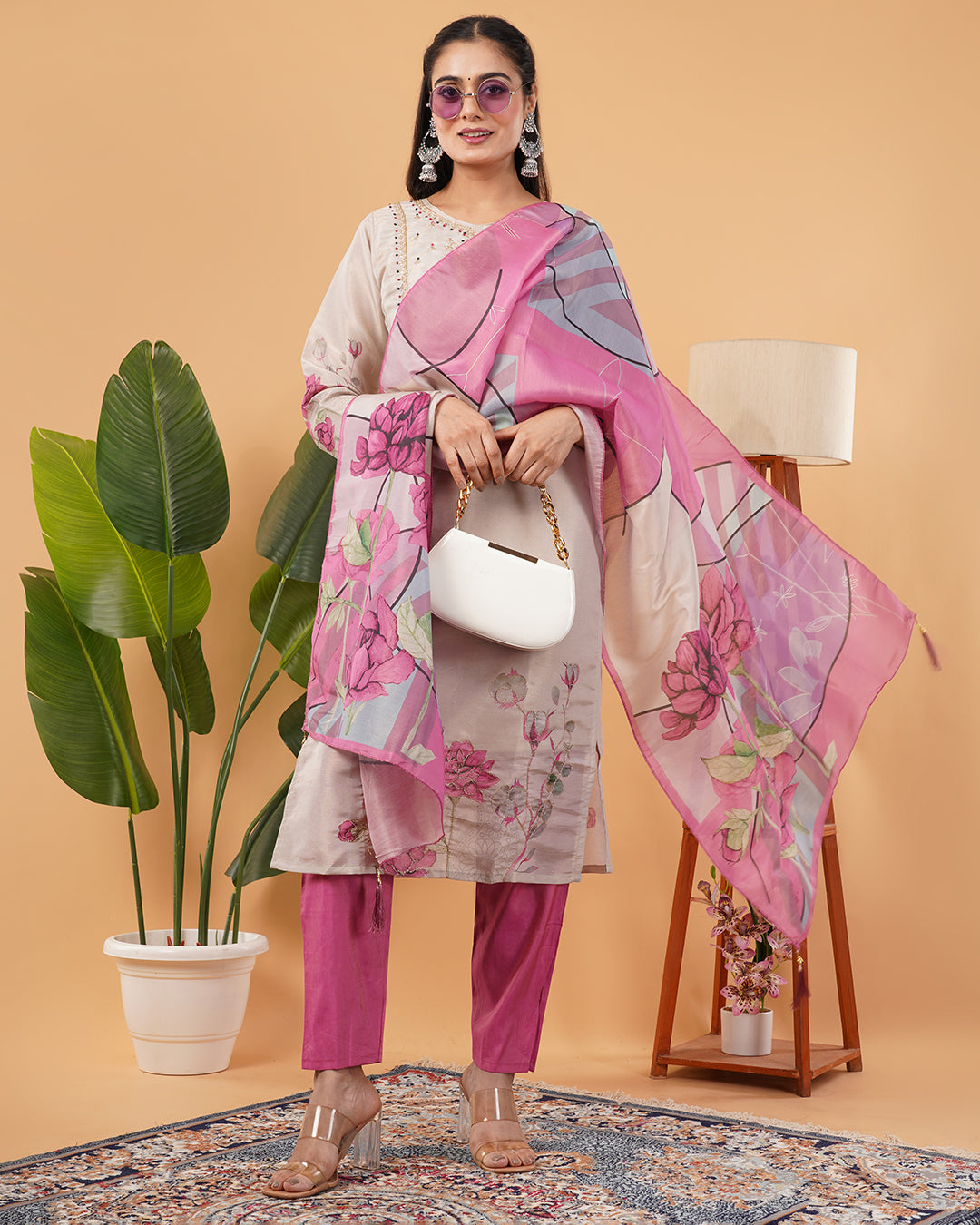 Beige & Magenta Floral Print Soft Organza Dupatta with Artistic Digital Design