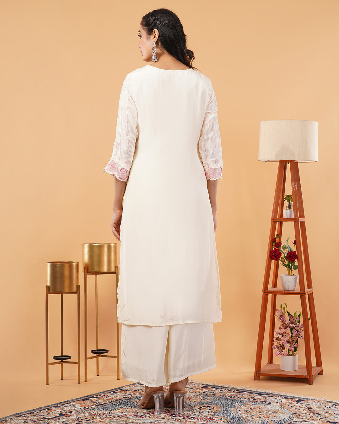 Ivory Straight Kurta Palazzo Set with Pink Floral Embroidered Dupatta