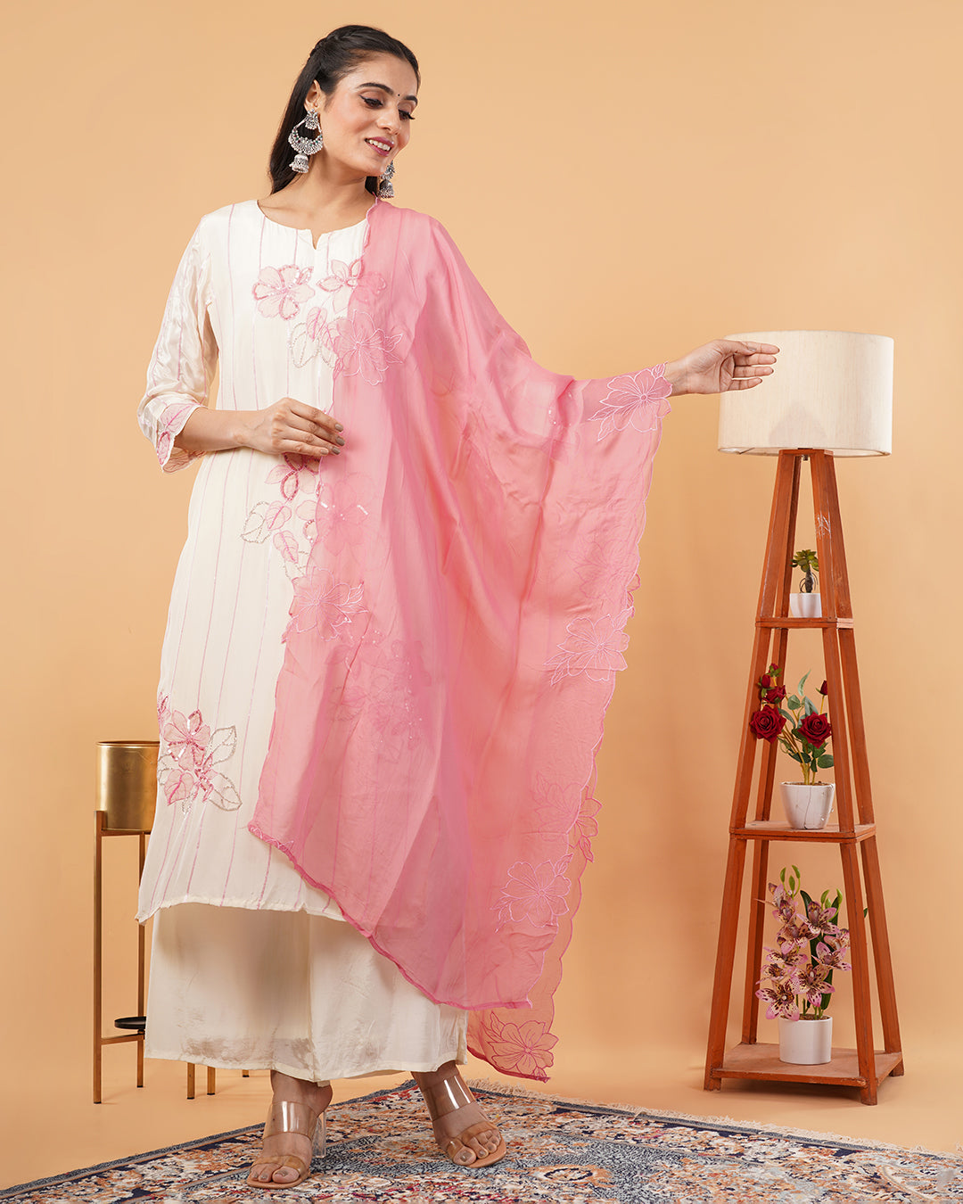 Ivory Straight Kurta Palazzo Set with Pink Floral Embroidered Dupatta
