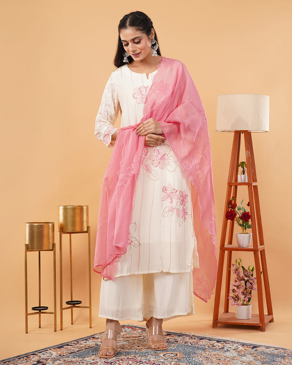 Ivory Straight Kurta Palazzo Set with Pink Floral Embroidered Dupatta