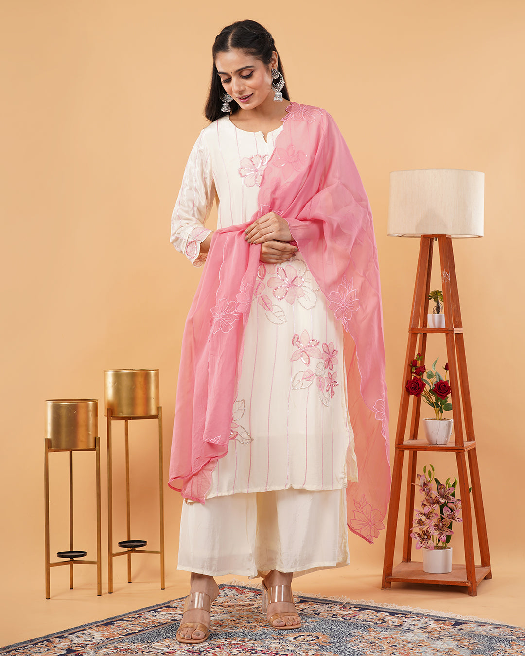 Ivory Straight Kurta Palazzo Set with Pink Floral Embroidered Dupatta