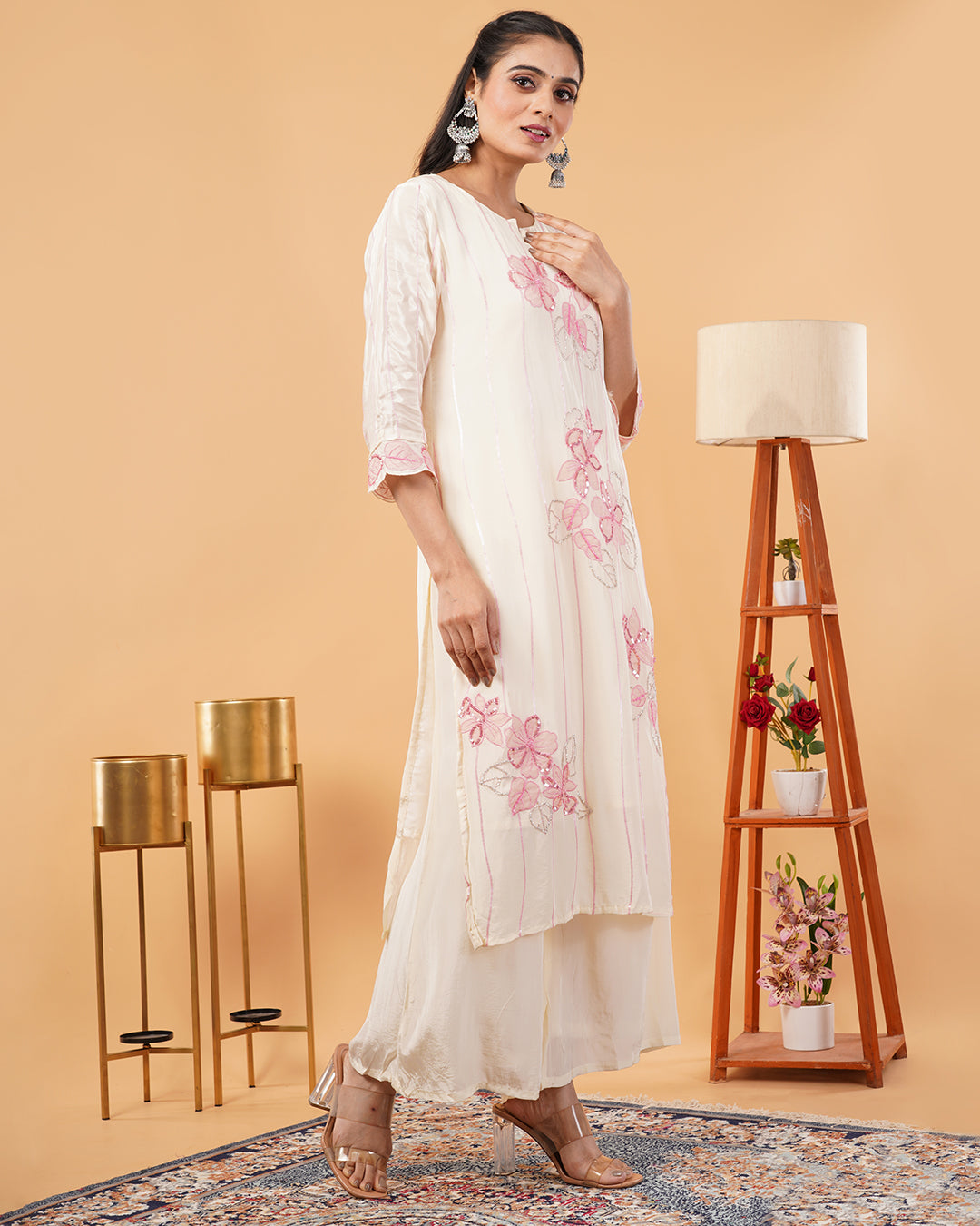 Ivory Straight Kurta Palazzo Set with Pink Floral Embroidered Dupatta