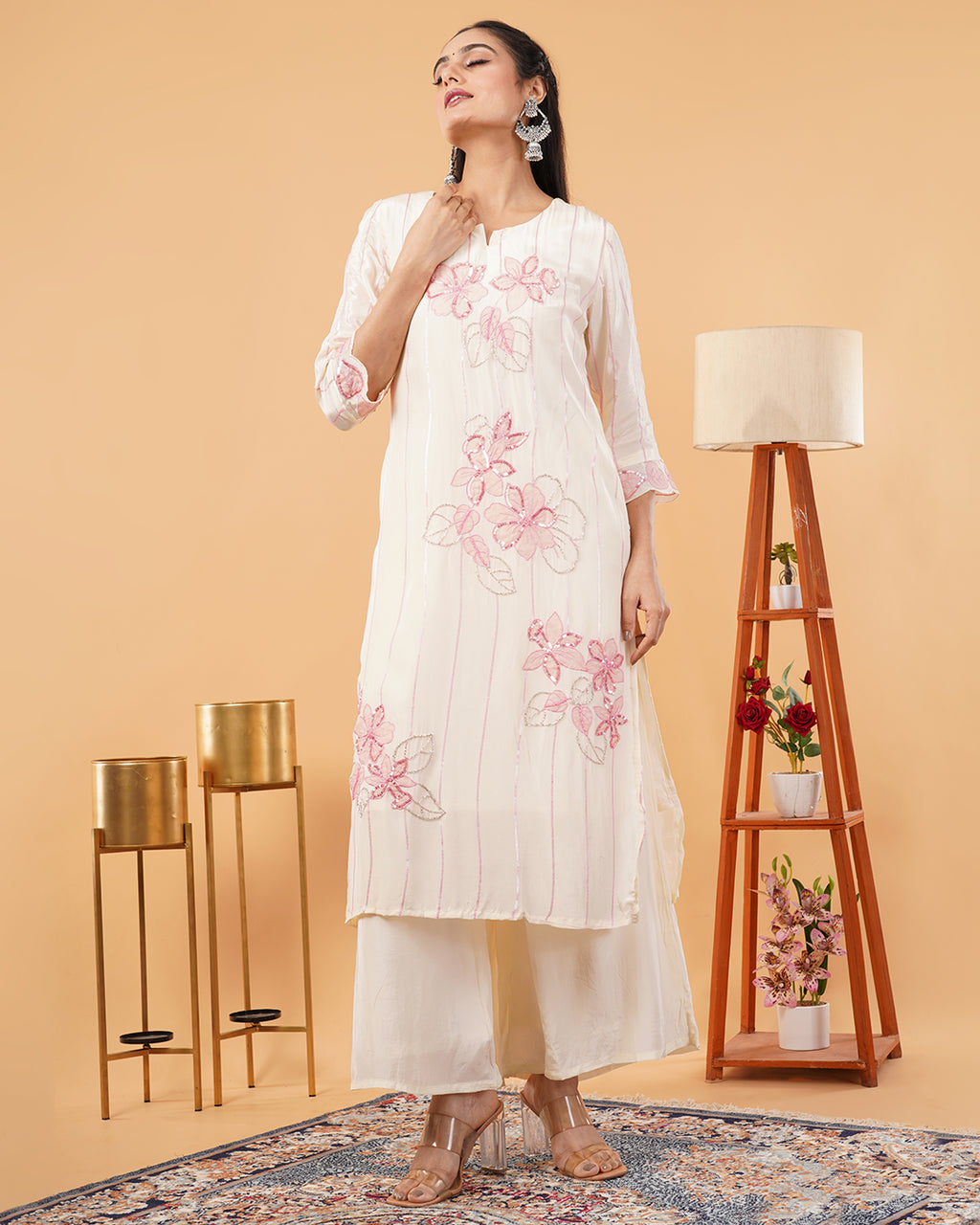 Ivory Straight Kurta Palazzo Set with Pink Floral Embroidered Dupatta