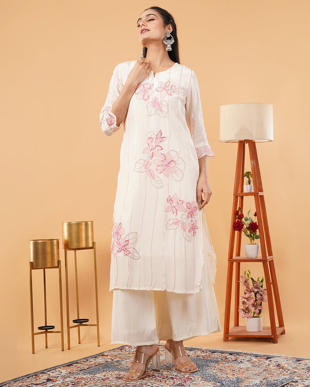 Ivory Straight Kurta Palazzo Set with Pink Floral Embroidered Dupatta