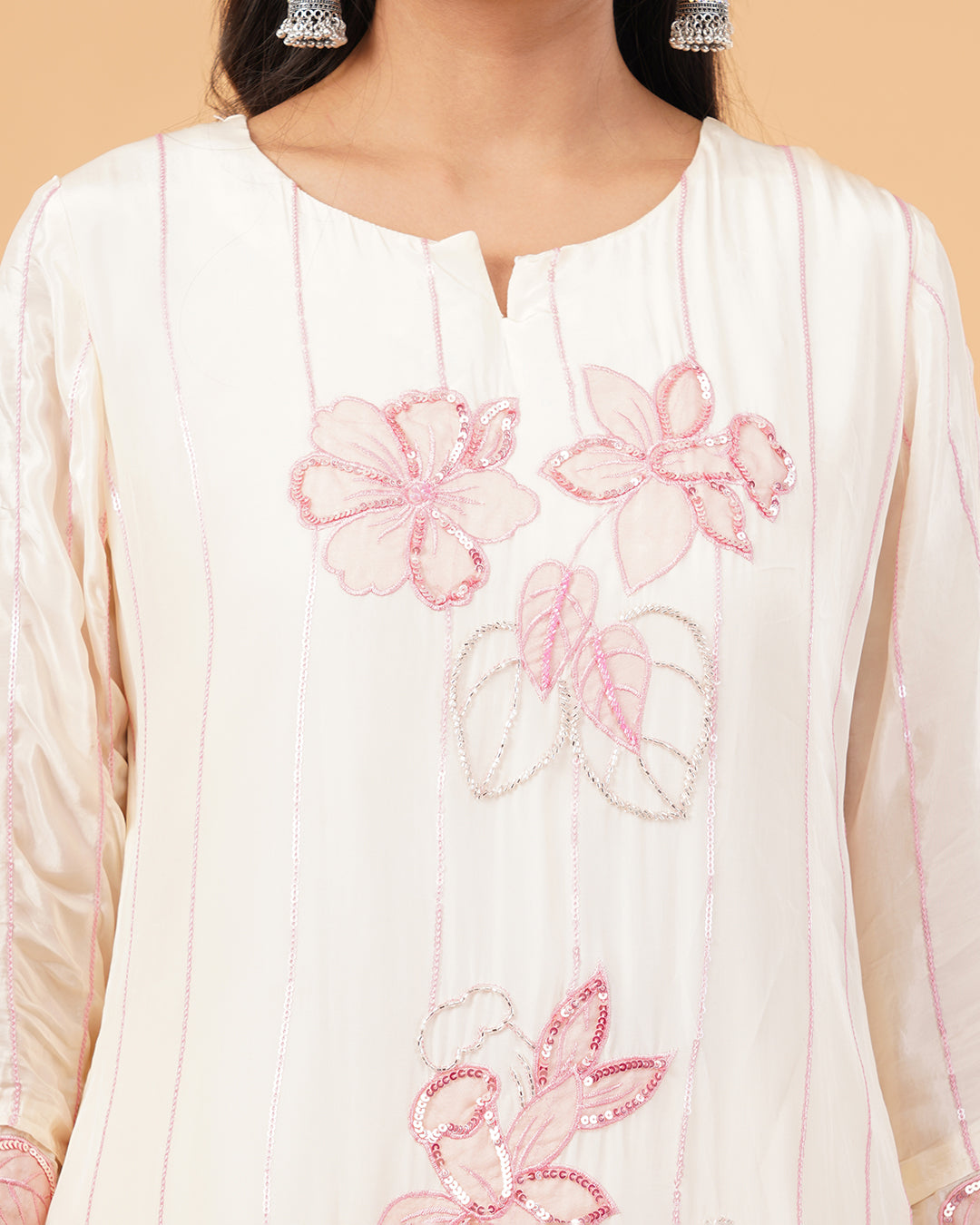 Ivory Straight Kurta Palazzo Set with Pink Floral Embroidered Dupatta