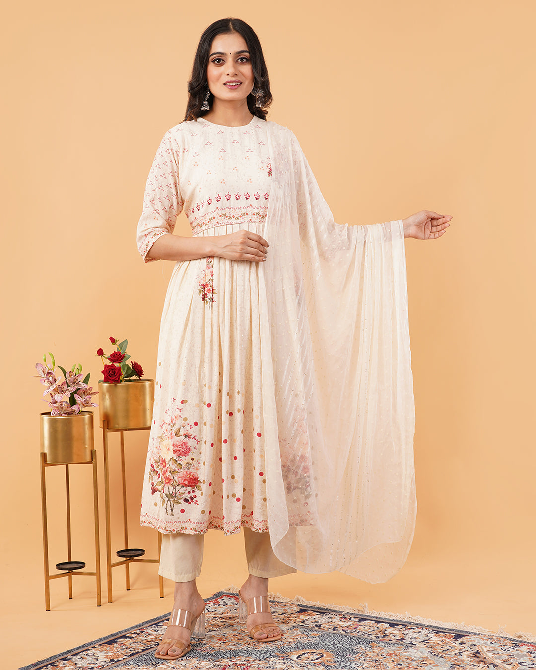 Ivory Floral-Embroidered Flary Kurta Set with Chiffon Pure Dupatta