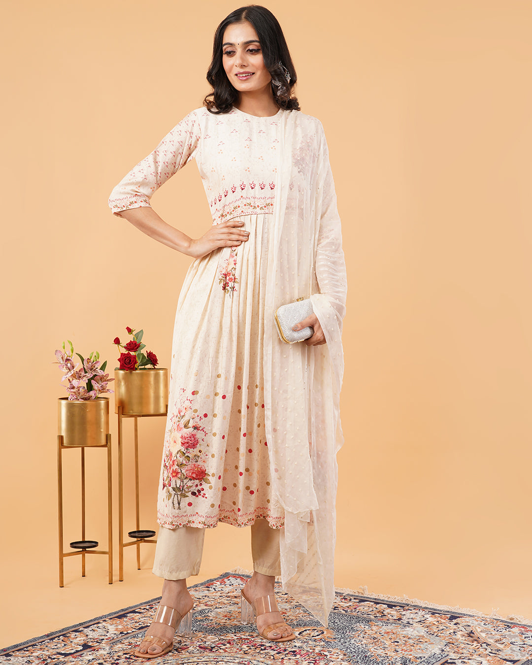 Ivory Floral-Embroidered Flary Kurta Set with Chiffon Pure Dupatta