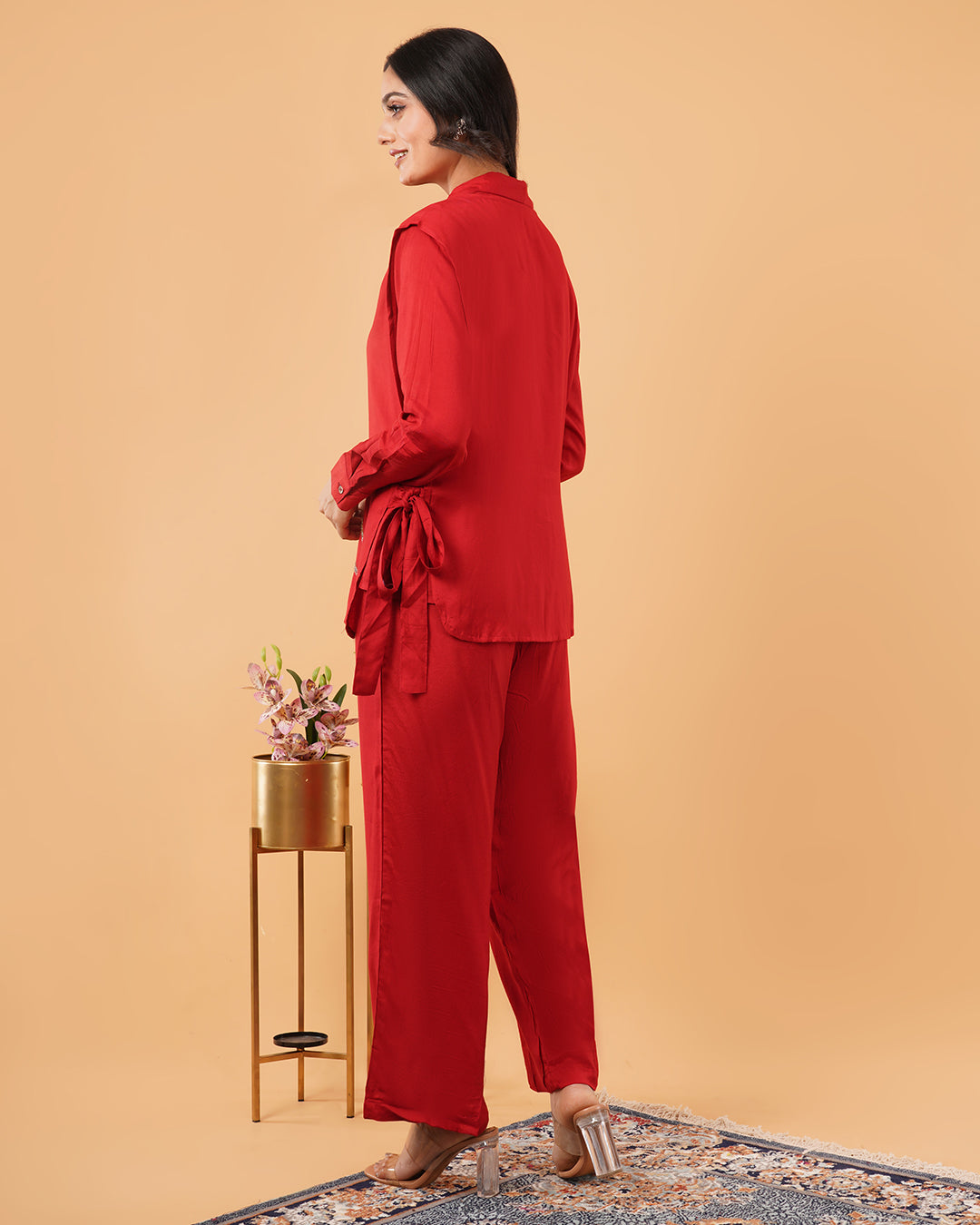 Deep Red Embroidered TIE TOP WITH Shirt and Straight Pant Co-ord Set