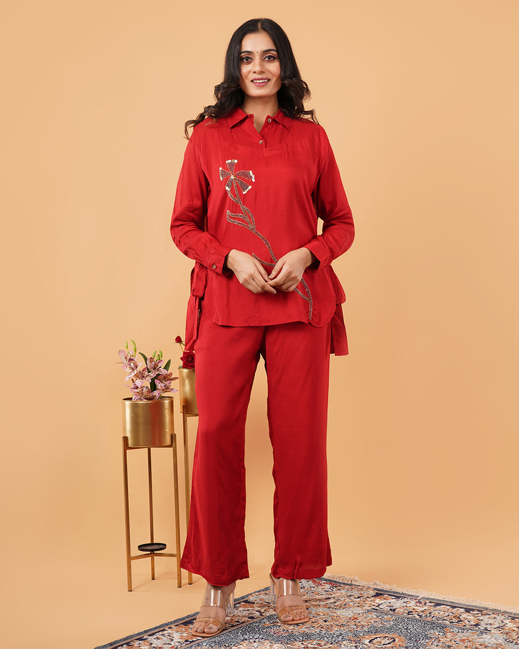 Deep Red Embroidered TIE TOP WITH Shirt and Straight Pant Co-ord Set