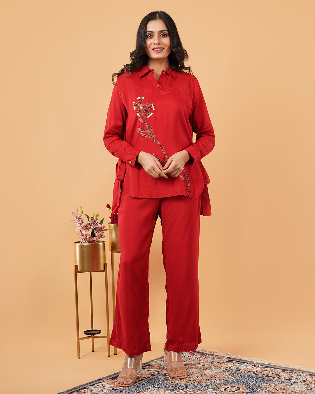 Deep Red Embroidered TIE TOP WITH Shirt and Straight Pant Co-ord Set