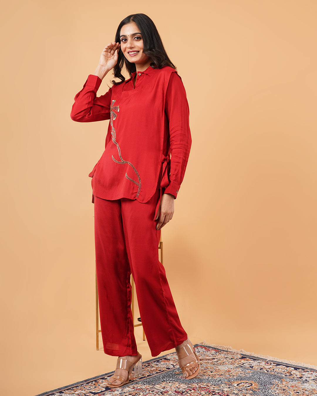 Deep Red Embroidered TIE TOP WITH Shirt and Straight Pant Co-ord Set