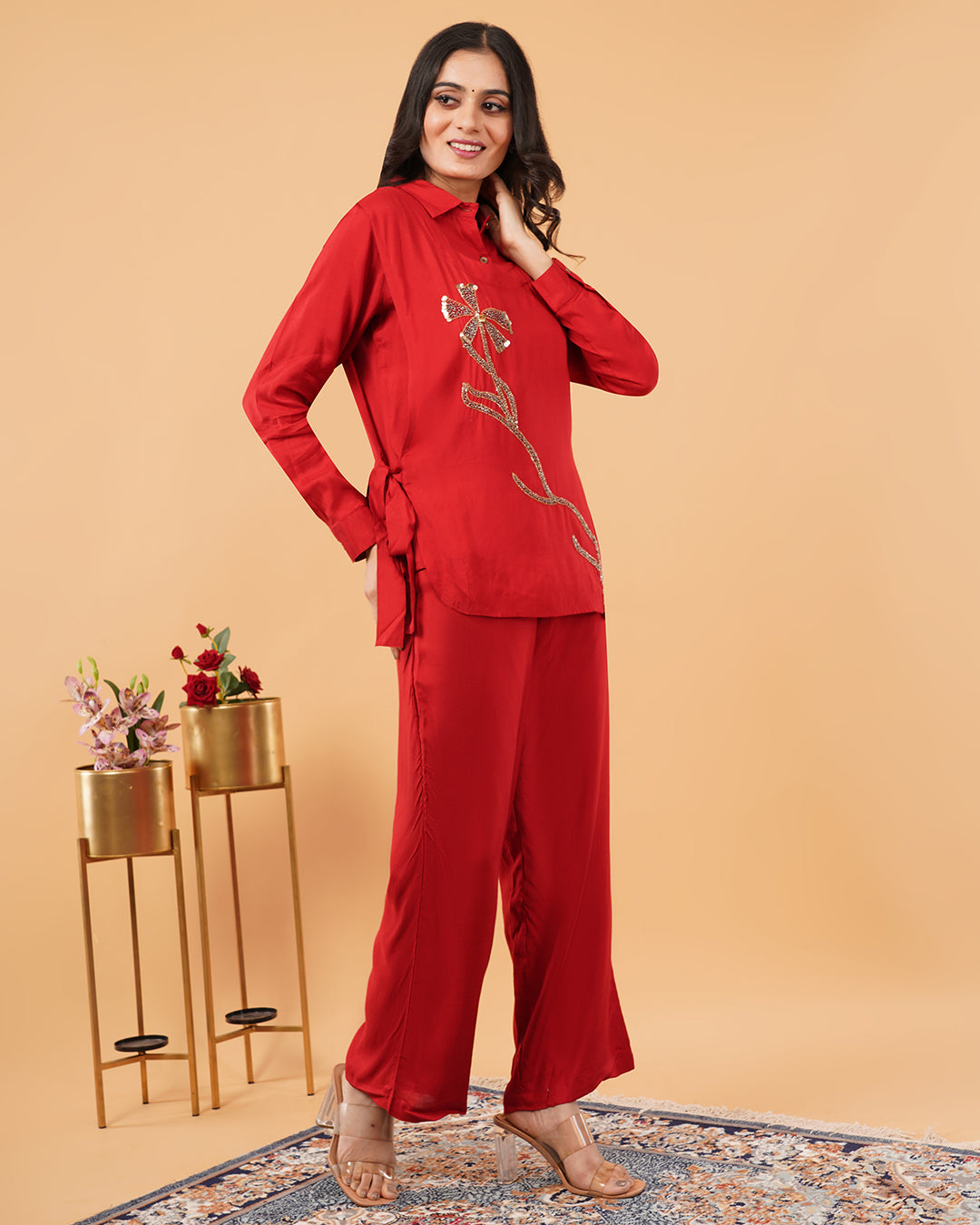 Deep Red Embroidered TIE TOP WITH Shirt and Straight Pant Co-ord Set