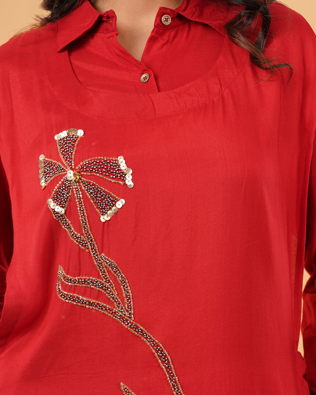 Deep Red Embroidered TIE TOP WITH Shirt and Straight Pant Co-ord Set