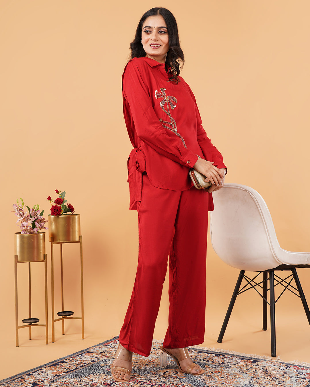 Deep Red Embroidered TIE TOP WITH Shirt and Straight Pant Co-ord Set