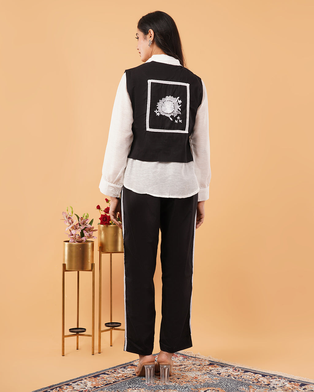 Black & White Embroidered Vest Set