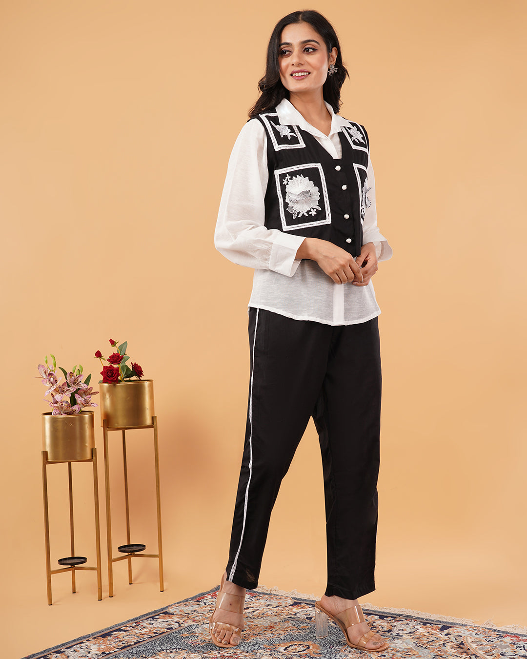 Black & White Embroidered Vest Set