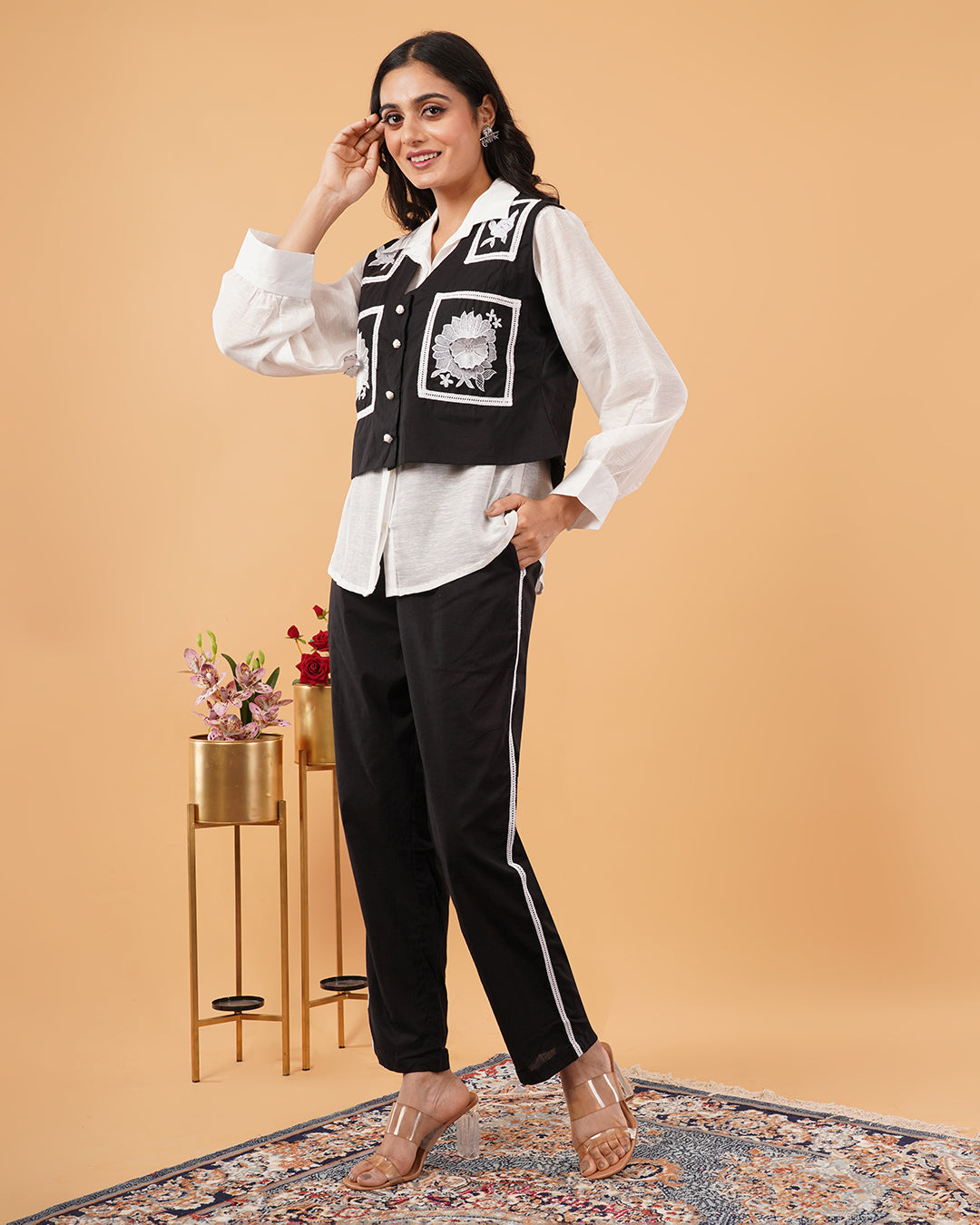 Black & White Embroidered Vest Set