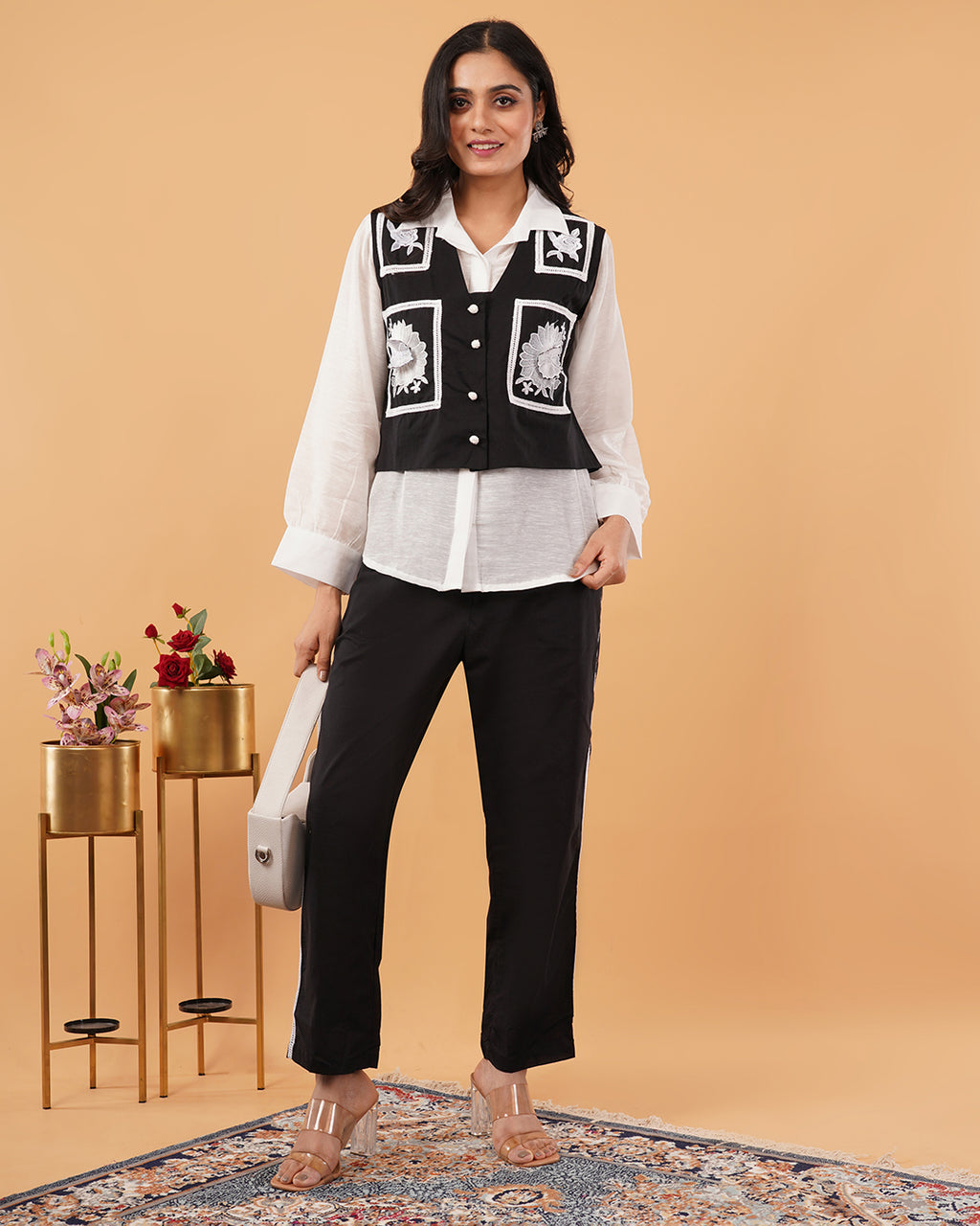 Black & White Embroidered Vest Set
