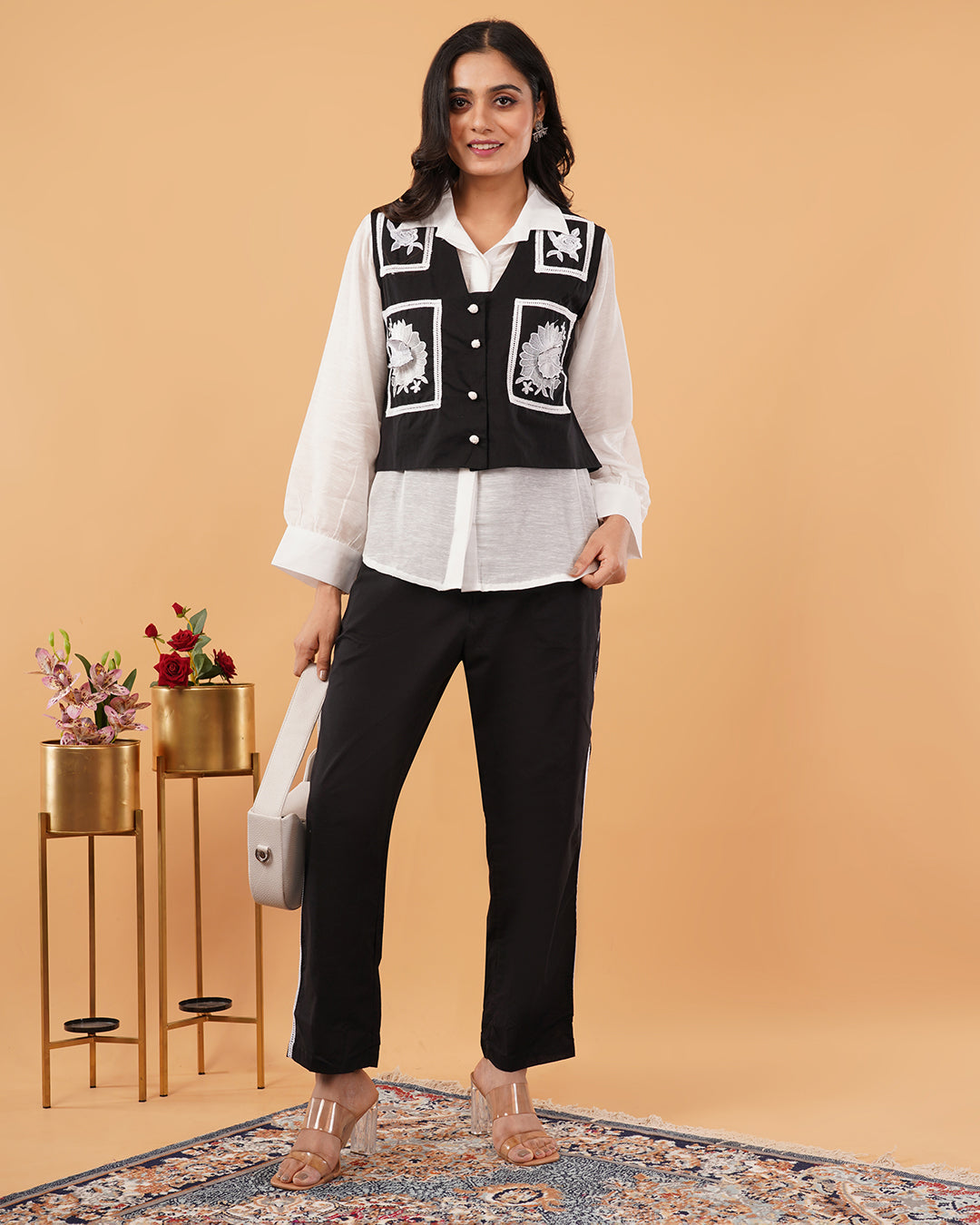 Black & White Embroidered Vest Set