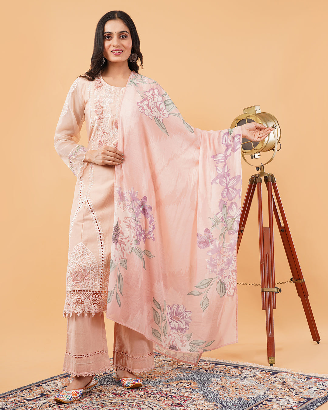 Blush Pink Embroidered 3-Piece PAKISTANI Suit with Floral Dupatta