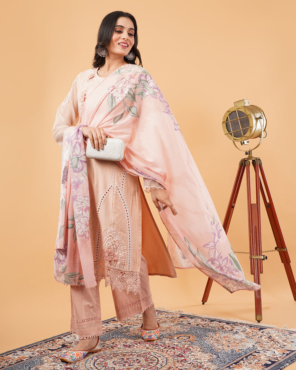 Blush Pink Embroidered 3-Piece PAKISTANI Suit with Floral Dupatta