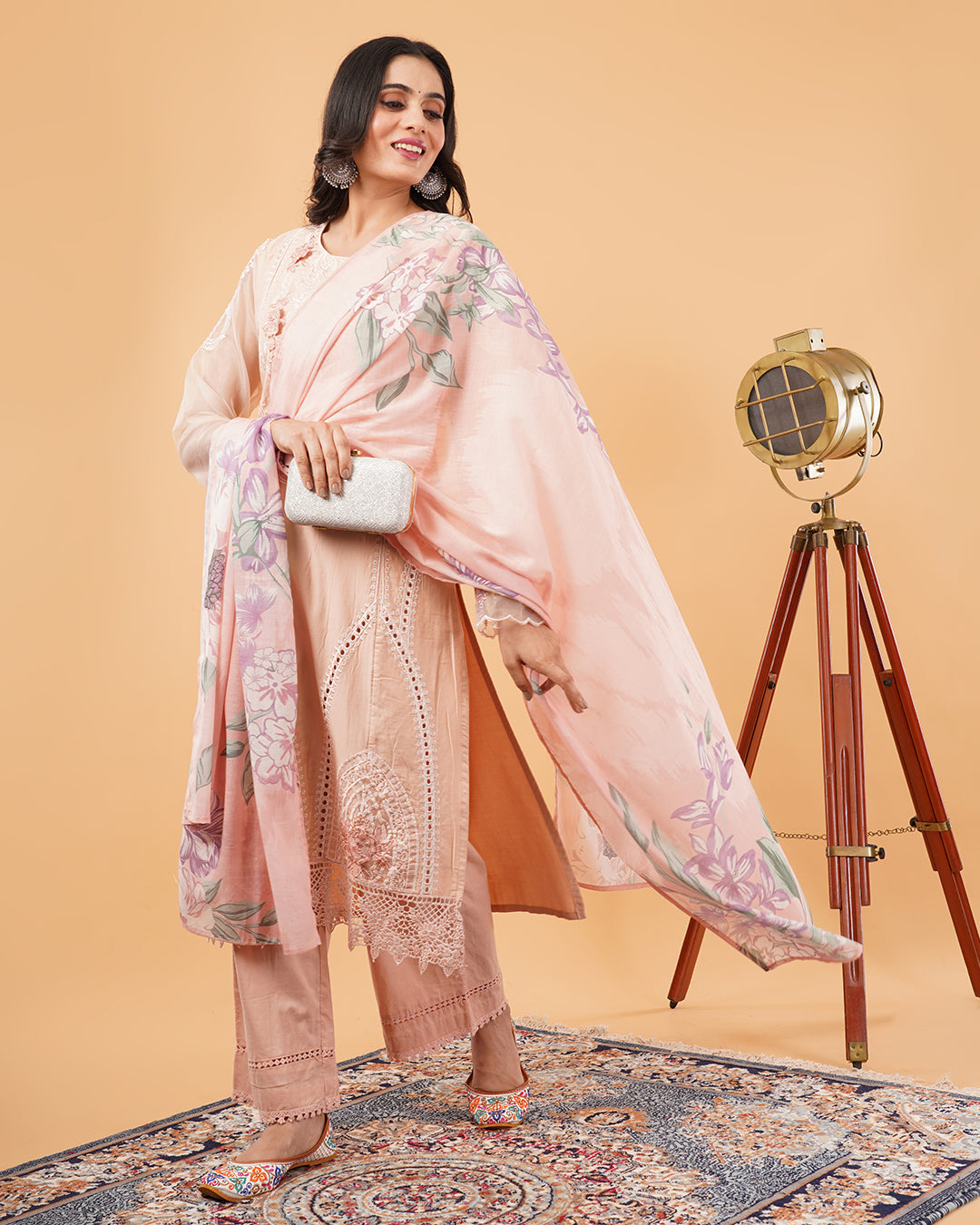 Blush Pink Embroidered 3-Piece PAKISTANI Suit with Floral Dupatta