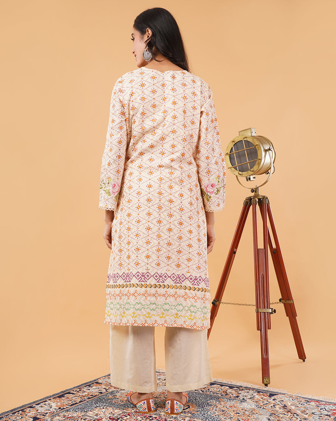 Cream Multicolor Printed 3-Piece Suit with Dupatta