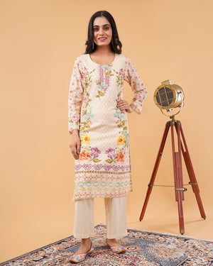 Cream Multicolor Printed 3-Piece Suit with Dupatta