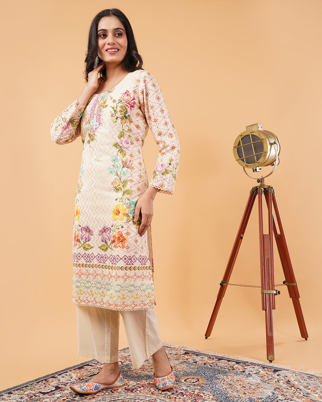 Cream Multicolor Printed 3-Piece Suit with Dupatta