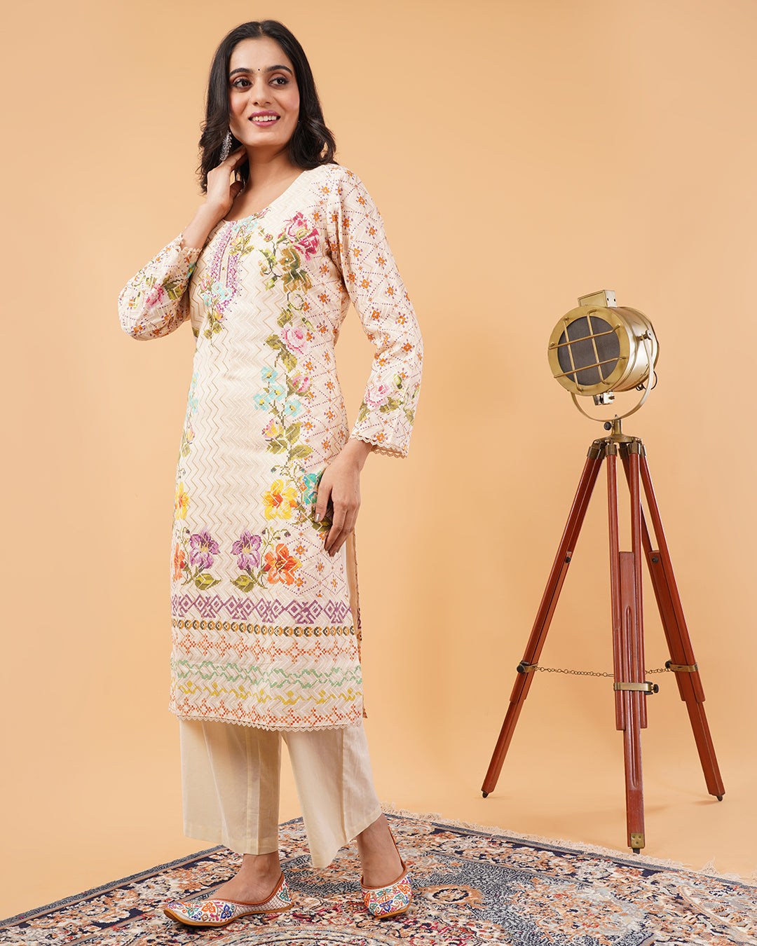 Cream Multicolor Printed 3-Piece Suit with Dupatta