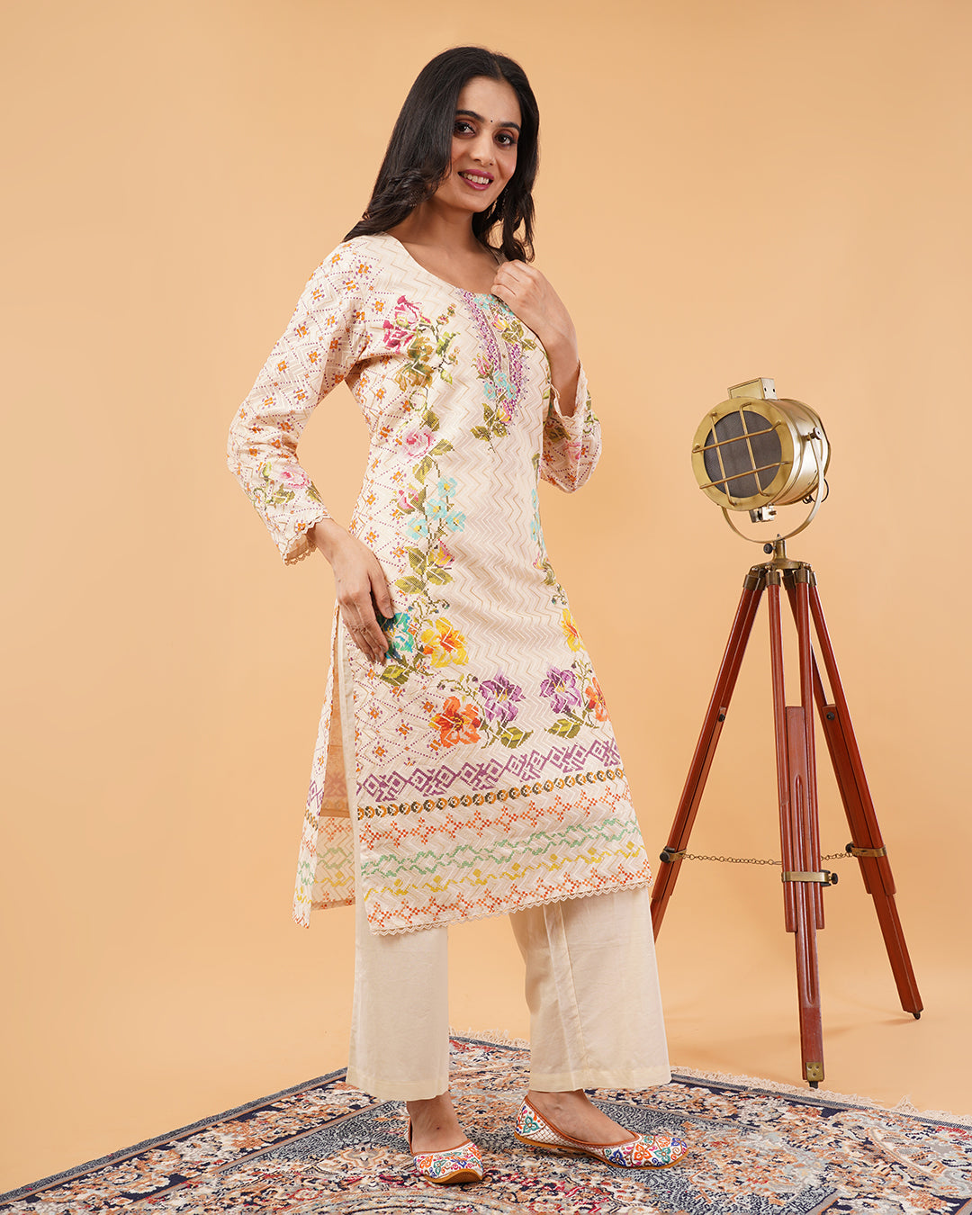 Cream Multicolor Printed 3-Piece Suit with Dupatta