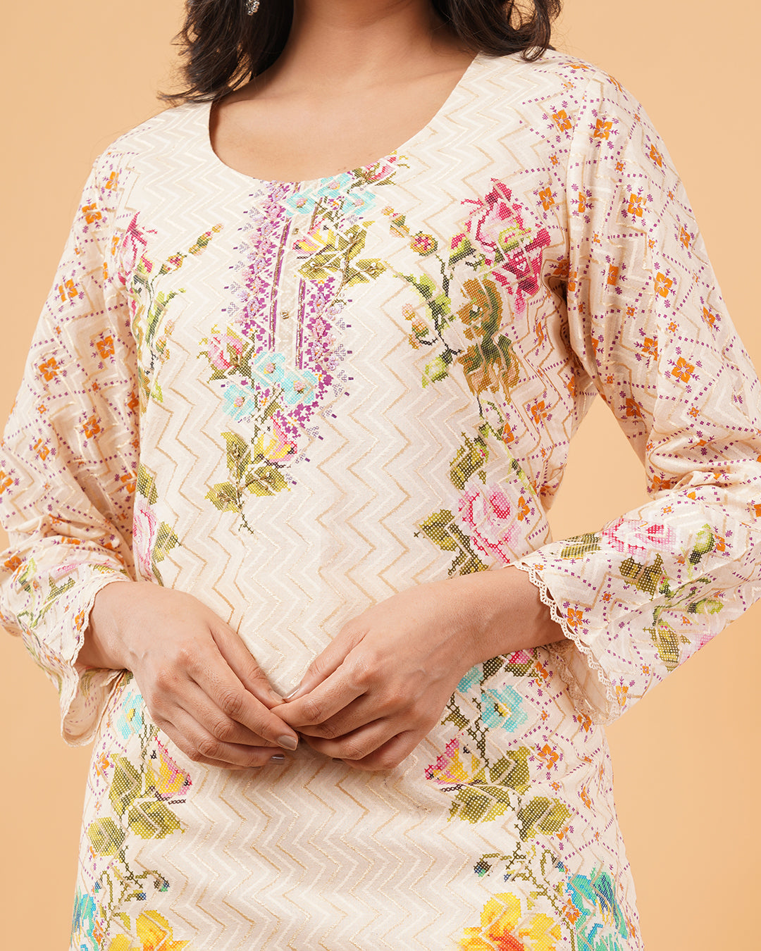 Cream Multicolor Printed 3-Piece Suit with Dupatta