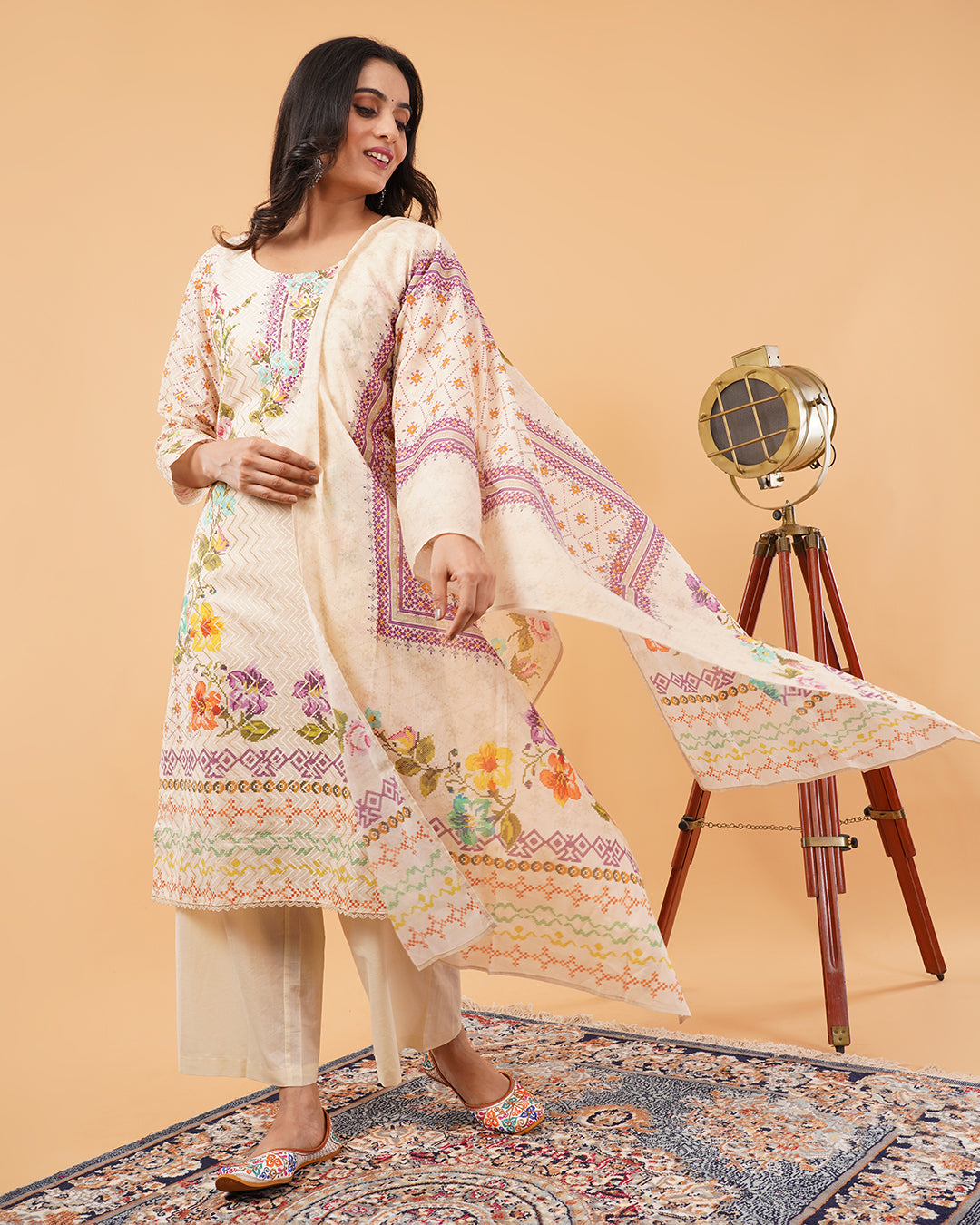 Cream Multicolor Printed 3-Piece Suit with Dupatta