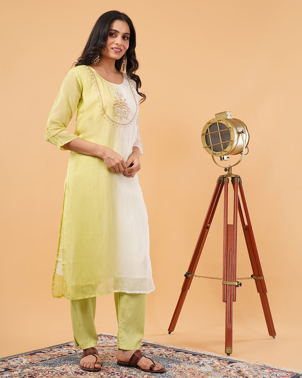 Lime Ombre Embroidered 3-Piece Suit with Dupatta