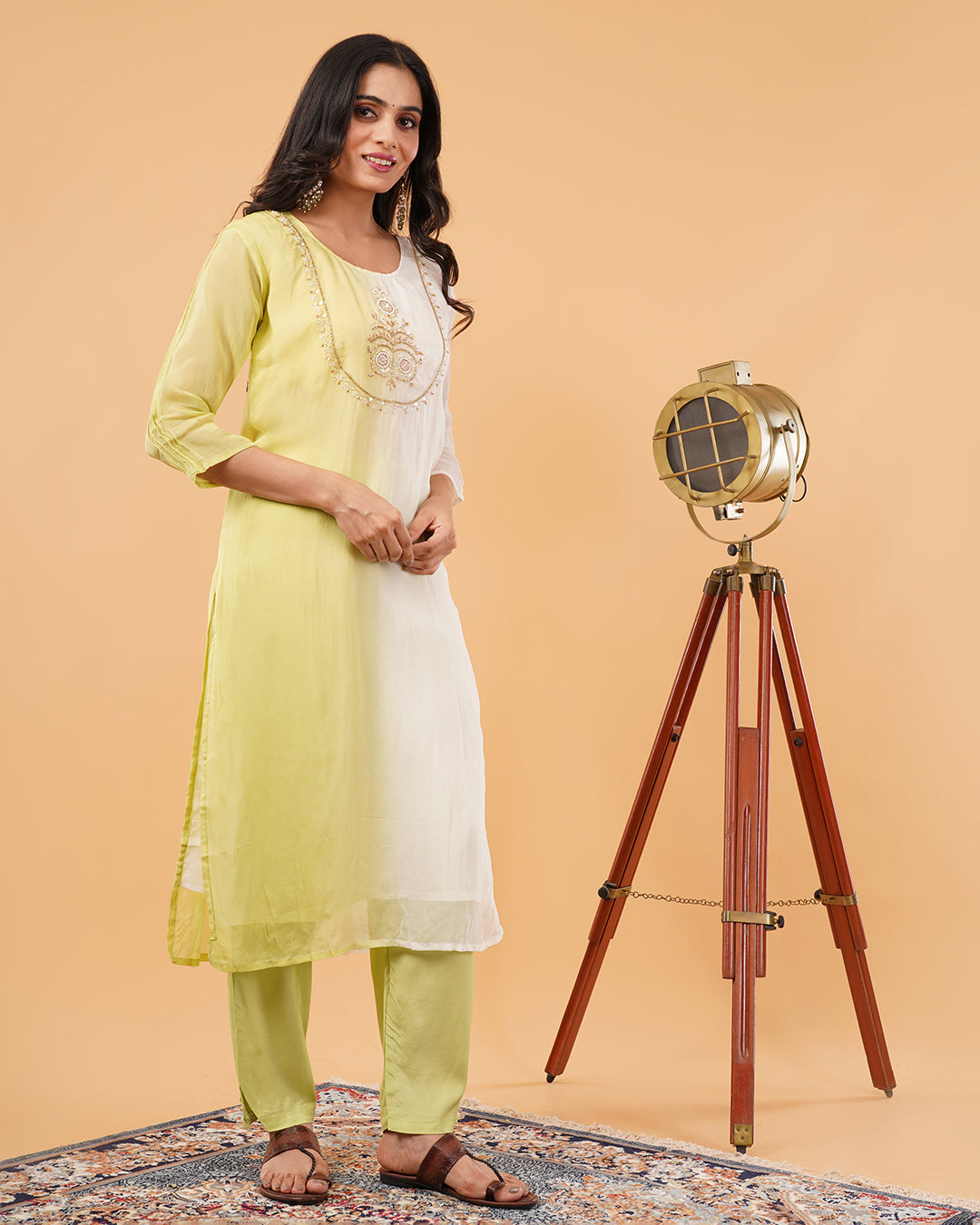 Lime Ombre Embroidered 3-Piece Suit with Dupatta