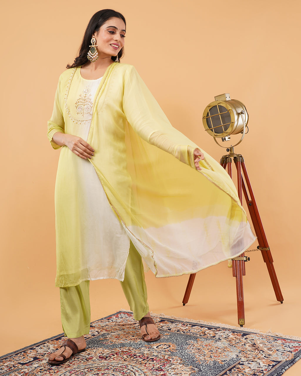 Lime Ombre Embroidered 3-Piece Suit with Dupatta
